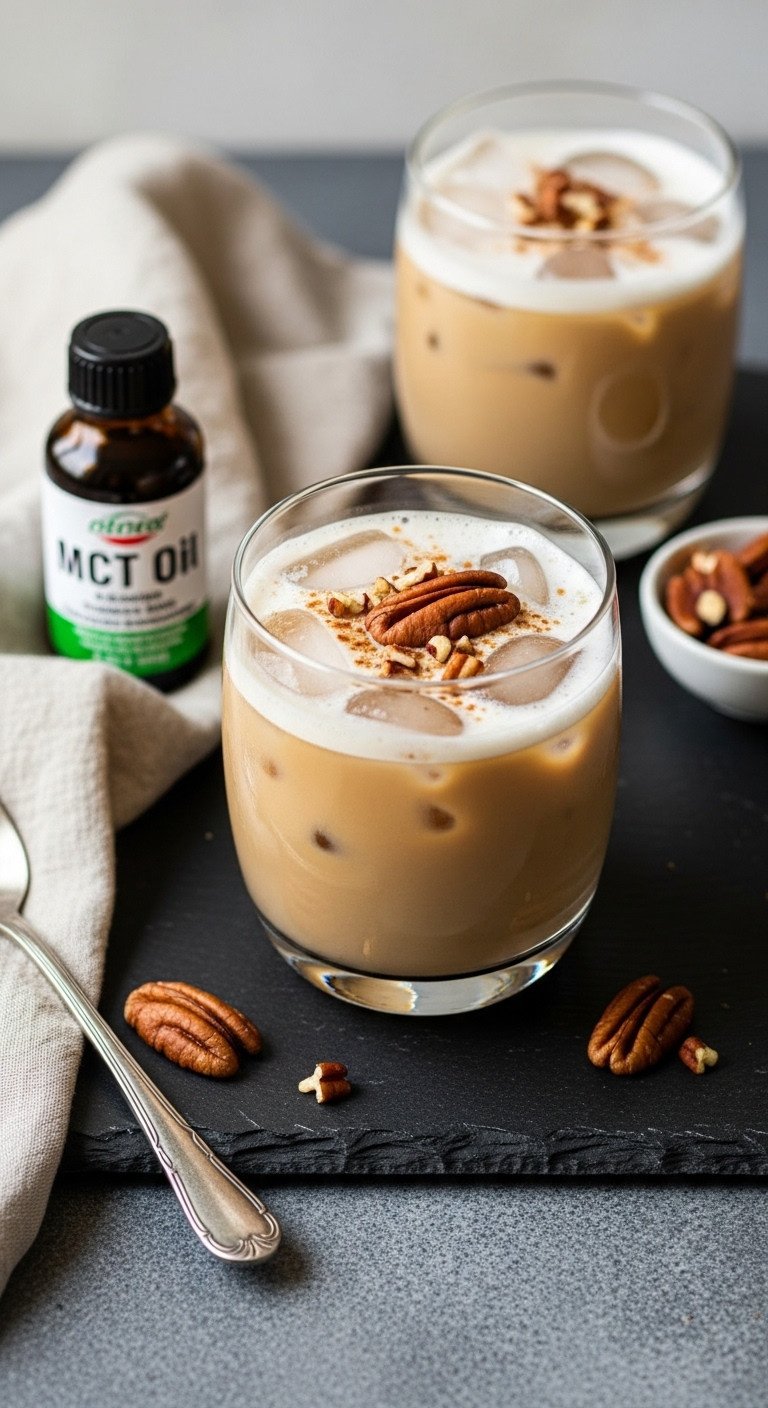 9 Delicious Healthy Iced Coffee Recipes To Make At Home 5 Creamy keto iced coffee in a stylish glass, with MCT oil and pecans on dark slate. Decadent low-carb recipe.