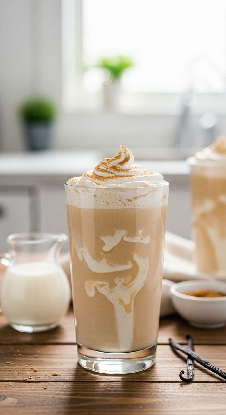 7 Brilliant Sugar Free Iced Coffee Recipes At Home 1 Creamy keto vanilla iced coffee in a tall glass, light beige with a thick swirl, heavy cream pitcher, vanilla bean on rustic wood.