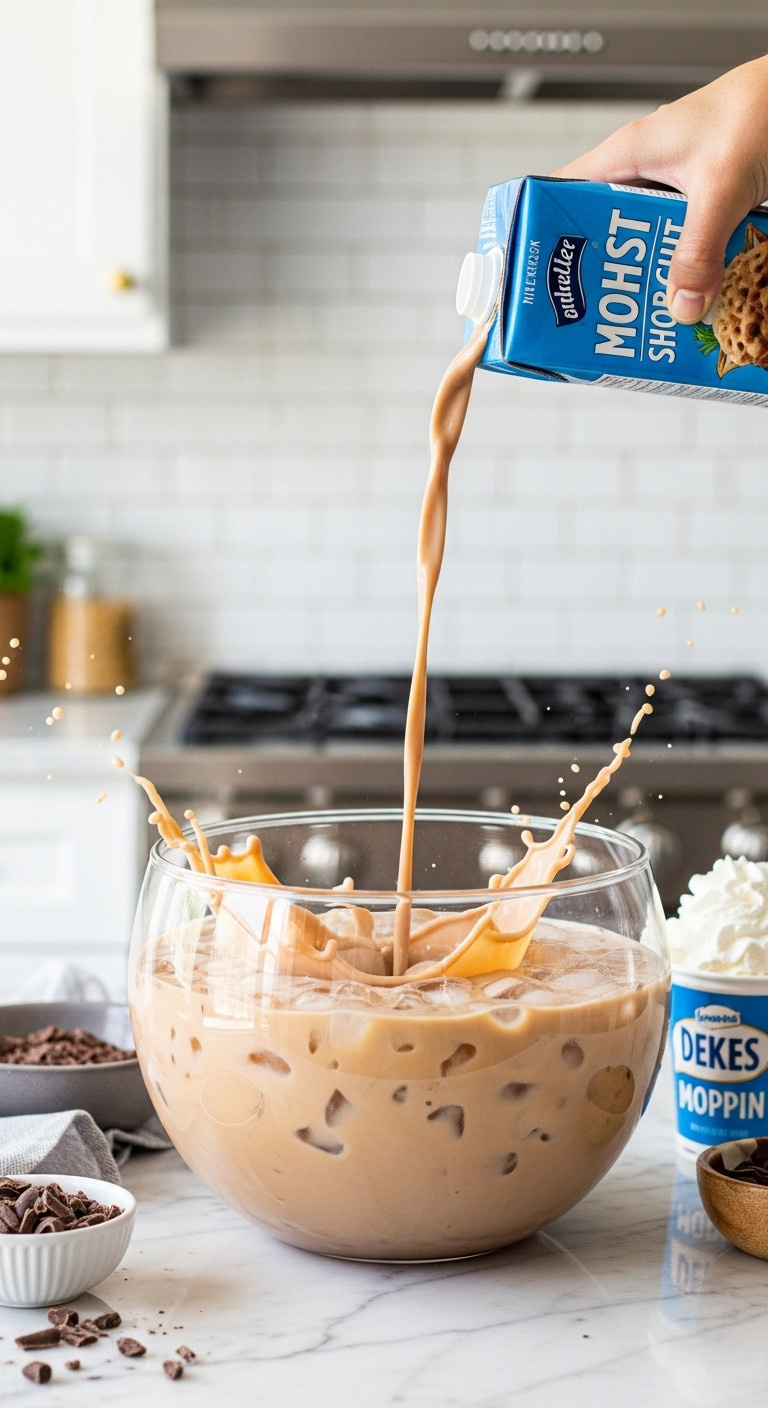 Creamy mocha coffee punch being poured into a large glass punch bowl on a marble countertop