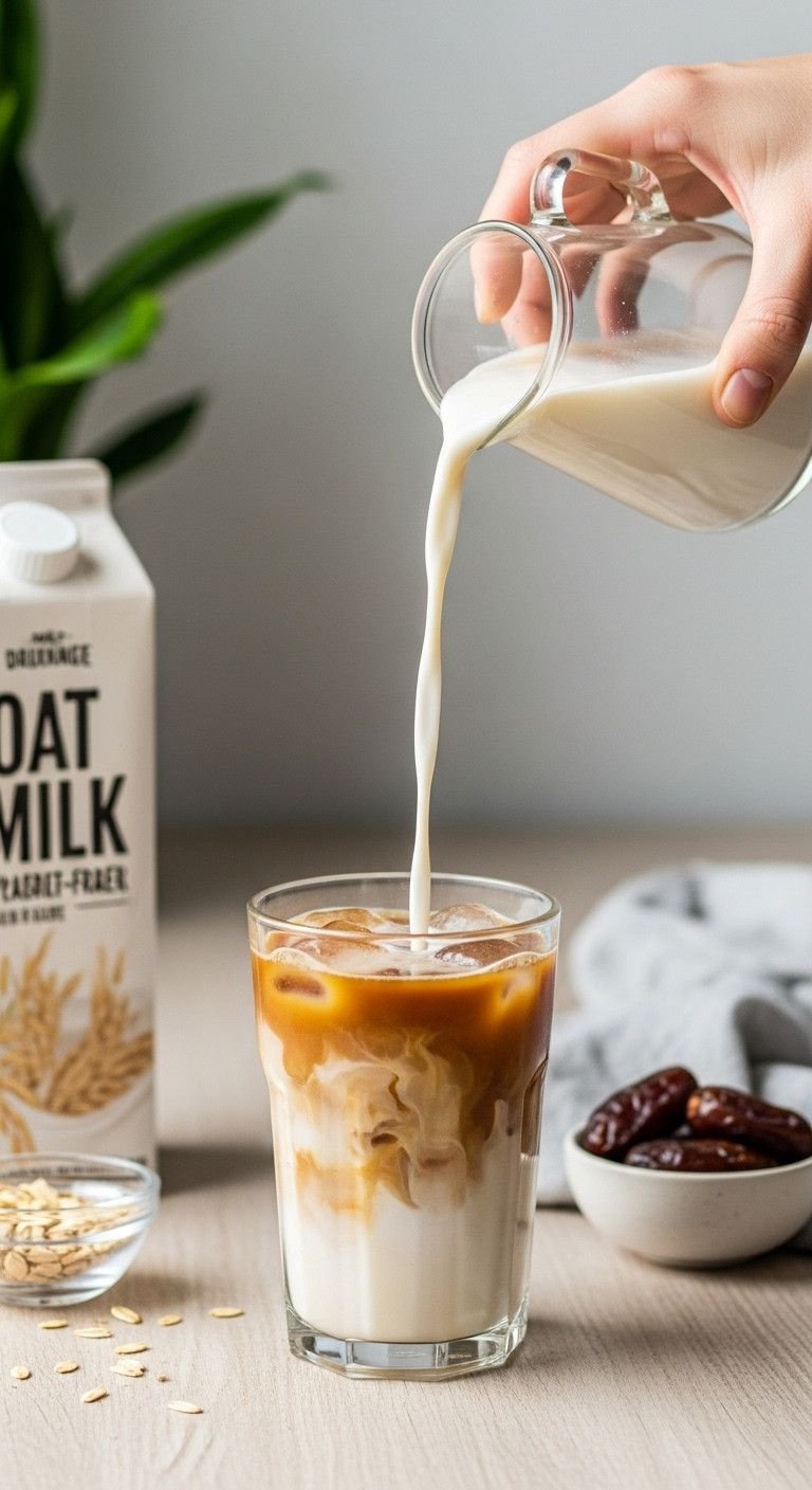 The Perfect Caramel Iced Coffee Recipe To Make At Home 11 Creamy oat milk poured into iced coffee, marbling effect. Delicious dairy-free plant-based drink for healthy lifestyle.