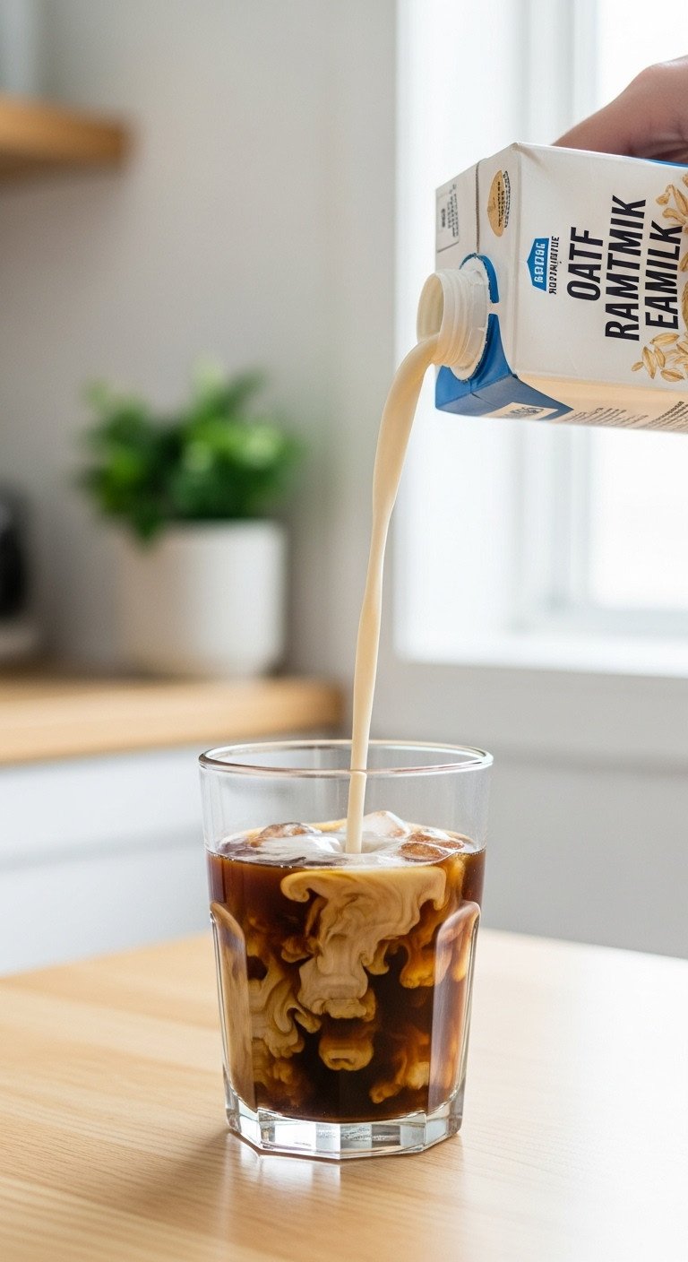 The Easiest Homemade Iced Mocha Recipe For Perfect Results 7 Creamy oat milk pours into dark iced coffee, creating swirls in glass on light wood. Minimalist plant decor.