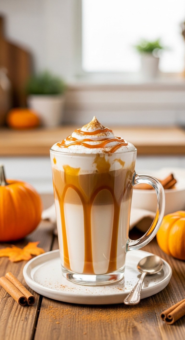 Creamy pumpkin caramel latte in a tall glass mug with layered coffee, milk, and espresso on a rustic table