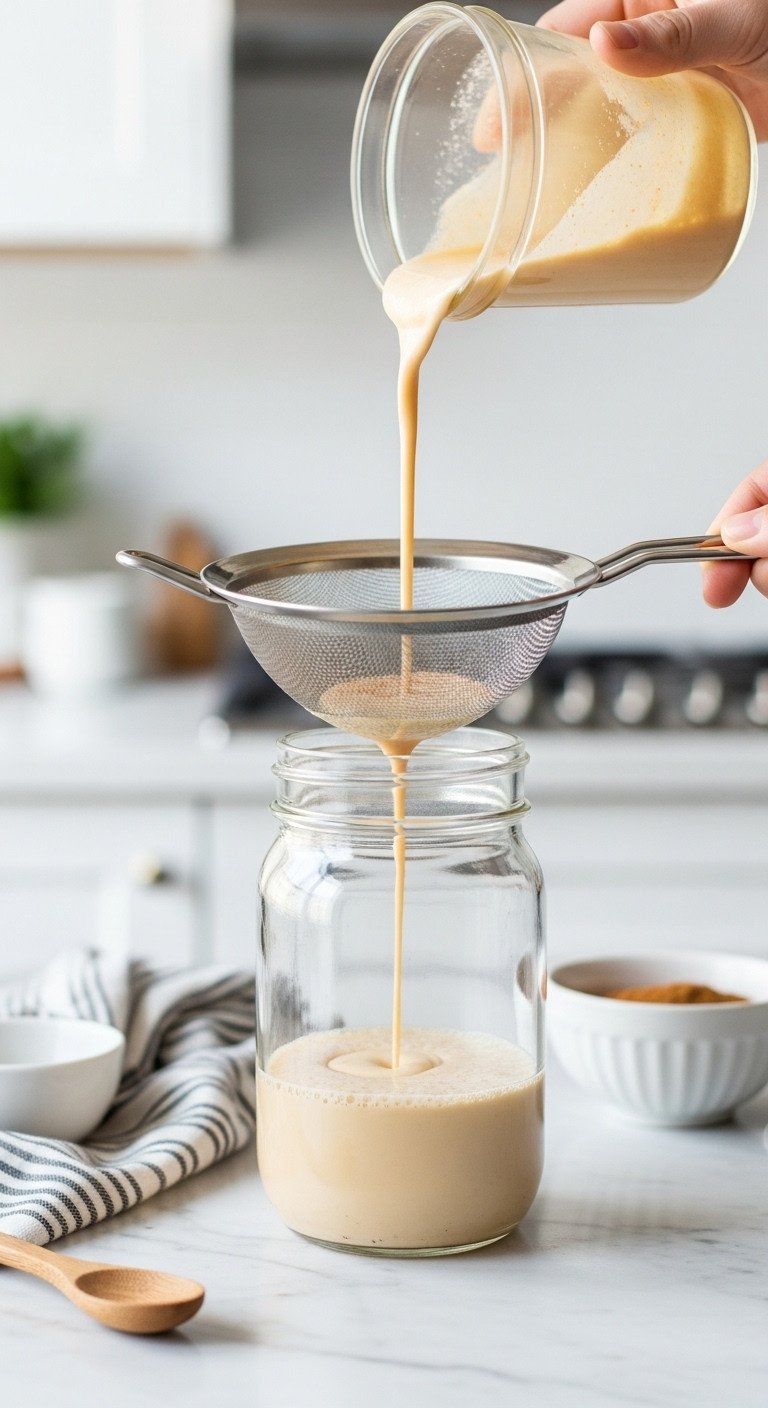 Creamy pumpkin coffee creamer pouring from a fine-mesh sieve into a glass mason jar on a marble counter.