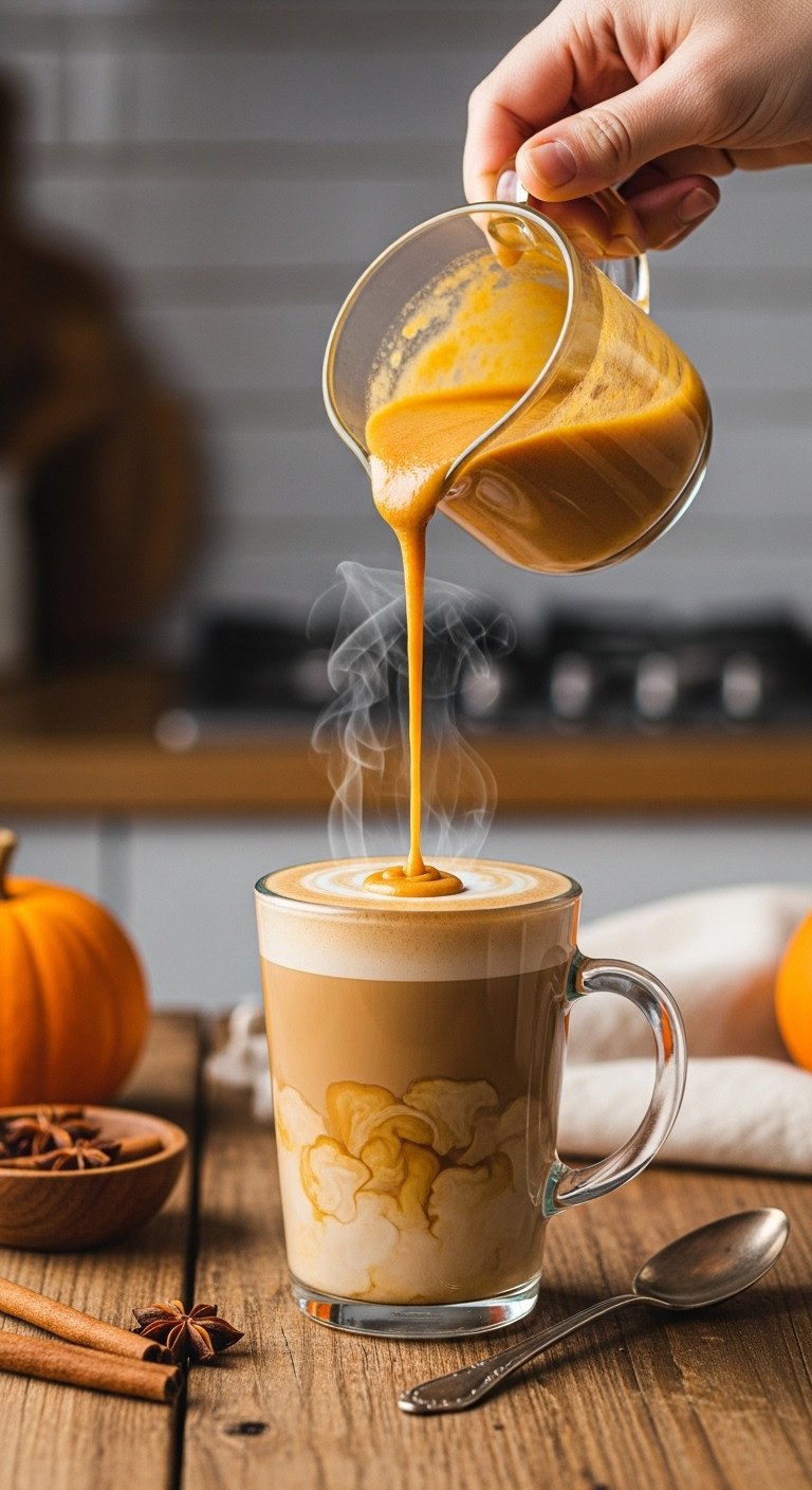 Perfect Pumpkin Coffee Sauce Recipe Easy Customizable 1 Creamy pumpkin coffee sauce drizzling into a latte in a glass mug. Spices and rustic wood evoke a cozy autumn drink.