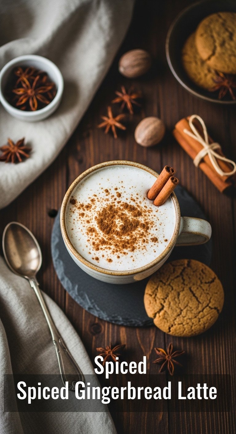 Creamy spiced gingerbread latte in a ceramic mug with cinnamon and gingerbread cookie on a slate coaster