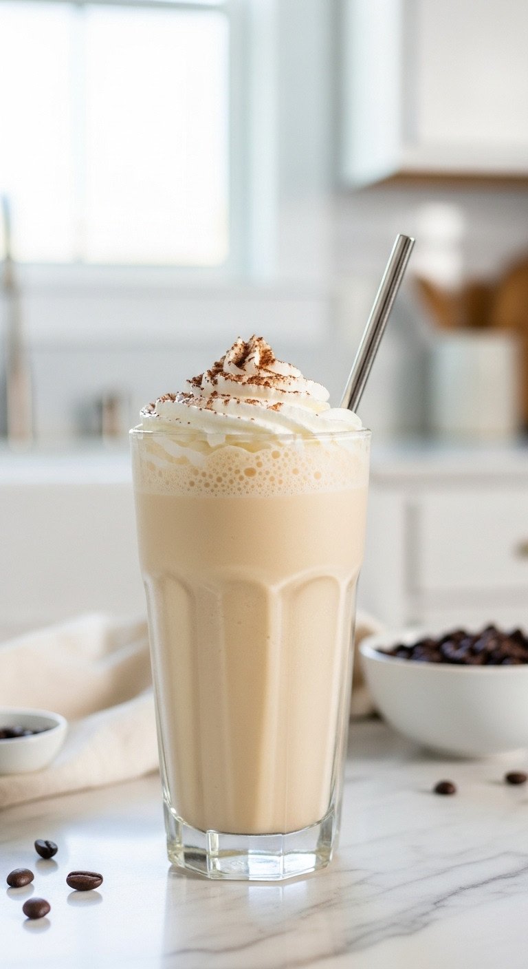 Make Rich And Creamy Cold Coffee With Ice Cream At Home 1 Creamy vanilla coffee shake in a fluted glass with whipped cream, cocoa, silver straw on marble counter with coffee beans. Recipe.