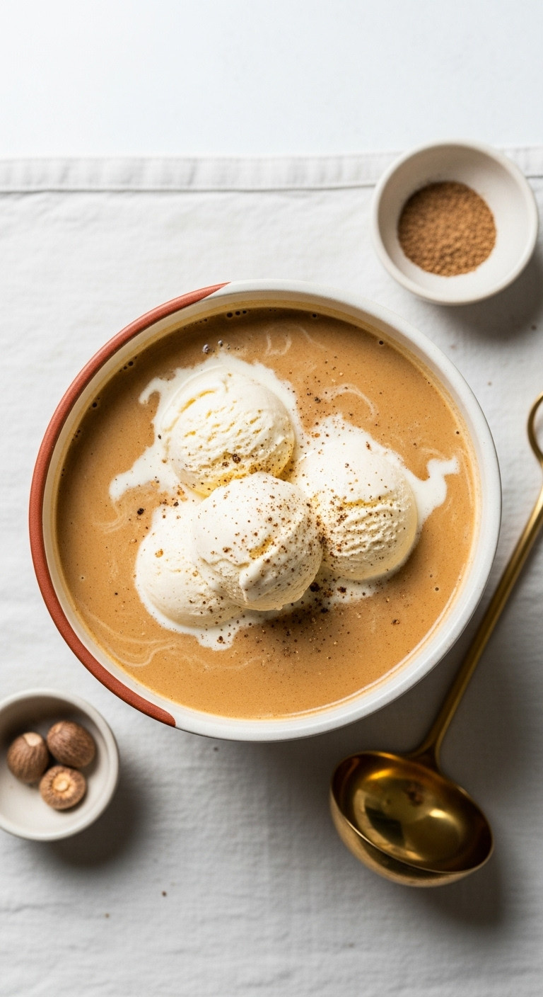 Creamy vegan coffee punch with dairy-free vanilla ice cream and nutmeg in a ceramic bowl with a ladle on a linen tablecloth