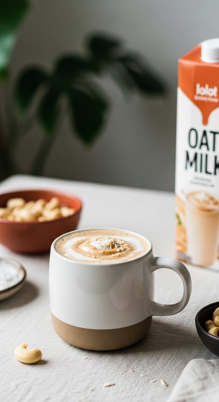 Make Rich And Creamy Cold Coffee With Ice Cream At Home 11 Creamy vegan coffee shake with oat milk, coconut whipped cream in mug, oat carton, cashews, plant. Dairy-free recipe.