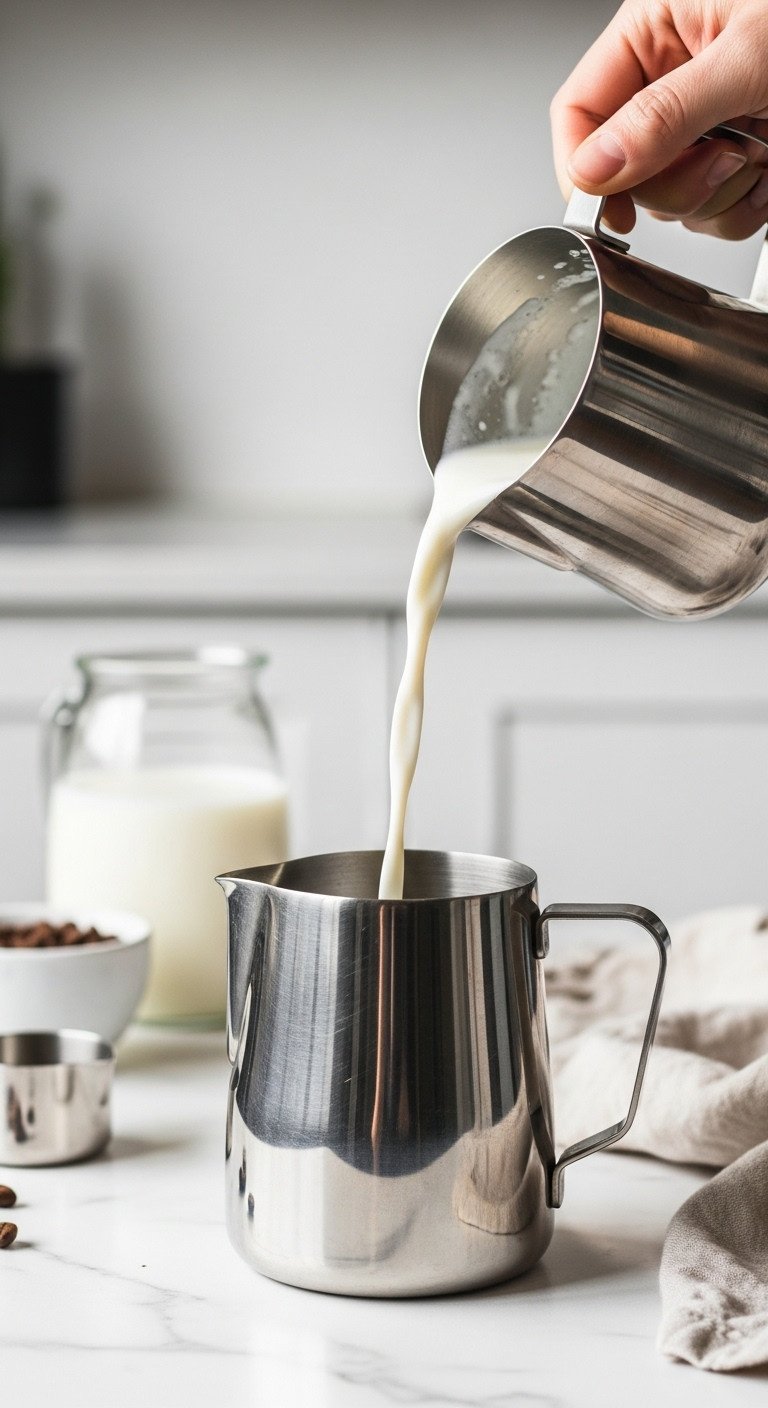 Easy Creamy Keto Pumpkin Spice Latte Better Than Starbucks 5 Creamy white almond milk pouring into a sleek stainless steel frothing pitcher on a clean marble counter for keto latte.