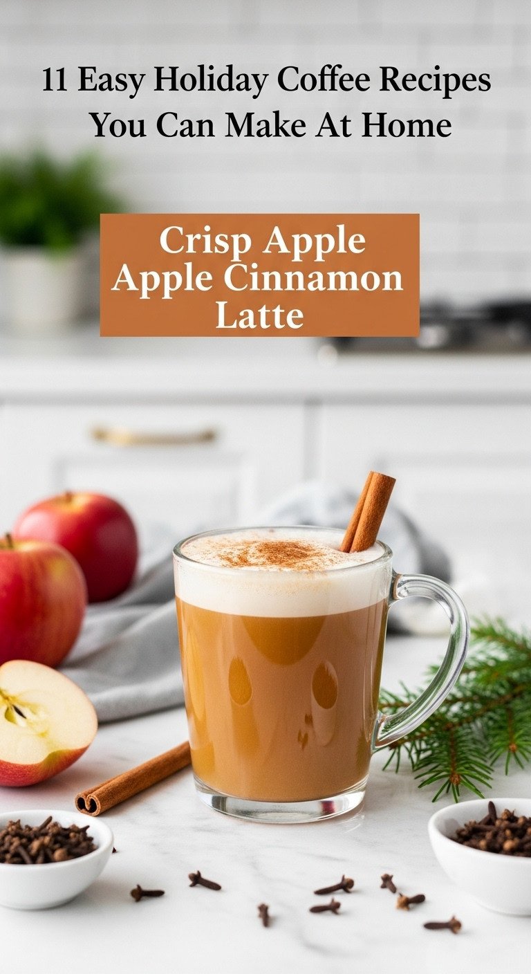 Crisp apple cinnamon latte in a clear glass mug with frothed milk and cinnamon stick on white marble