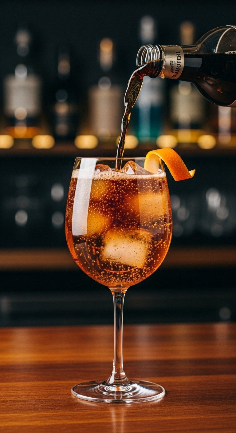 The Foolproof Cold Brew Coffee Recipe For Perfect Results 11 Crisp cold brew tonic with ice, bubbly water, and an orange peel twist, layered in a stemmed glass on a dark bar top.
