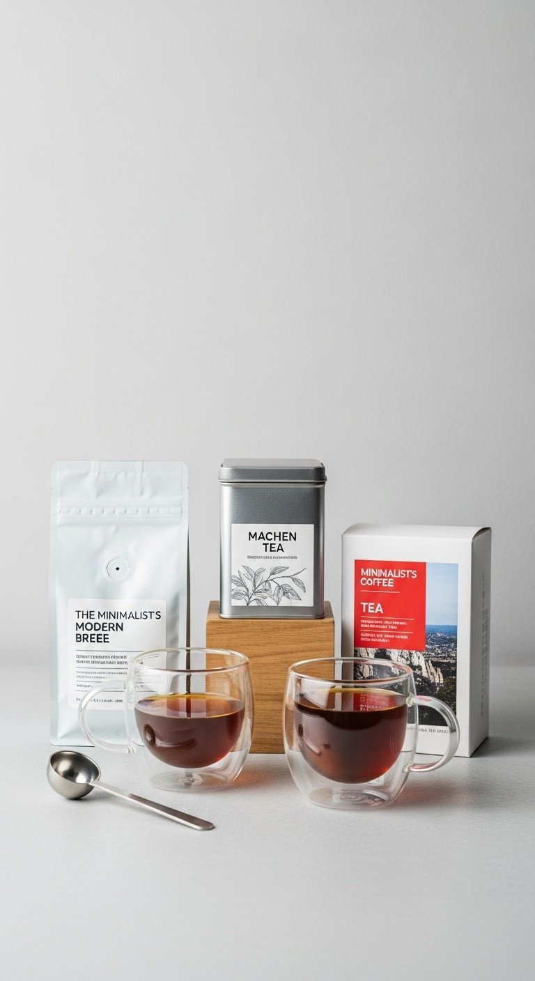 Curated selection of coffee tea double walled glass mugs and stainless steel coffee scoop on a light gray surface