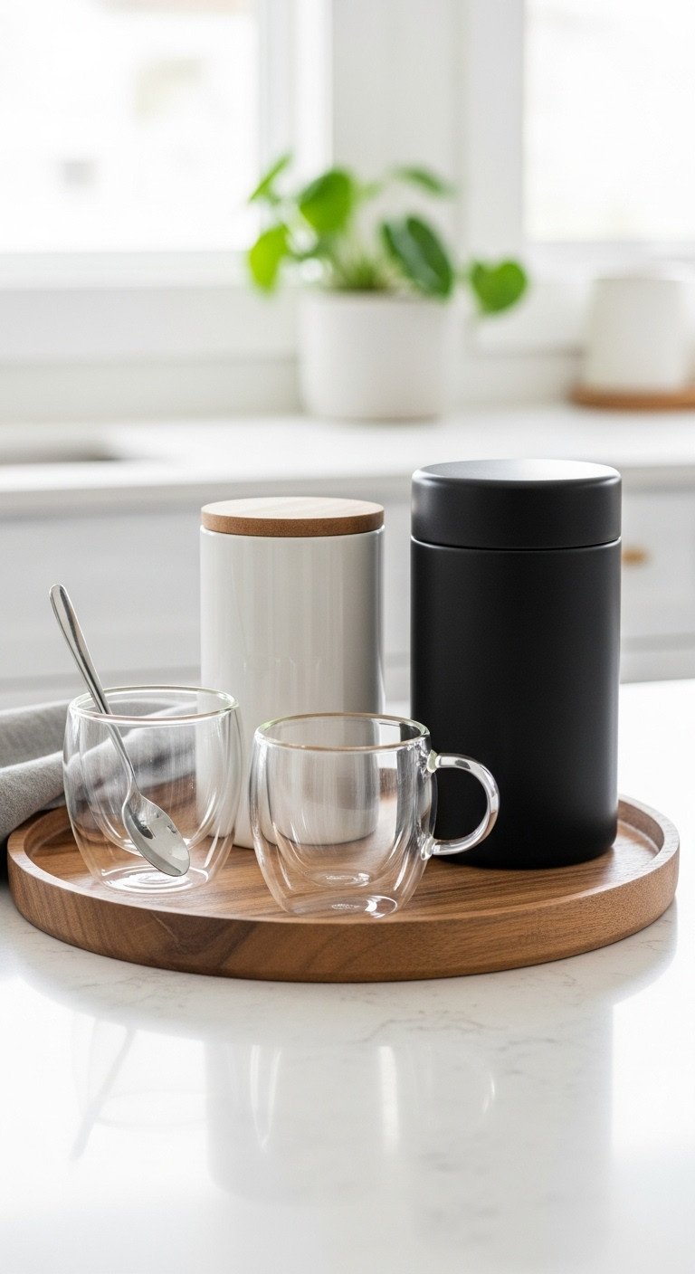 Curated set of double walled glass espresso cups matte black coffee canister and minimalist wooden tray on a light countertop