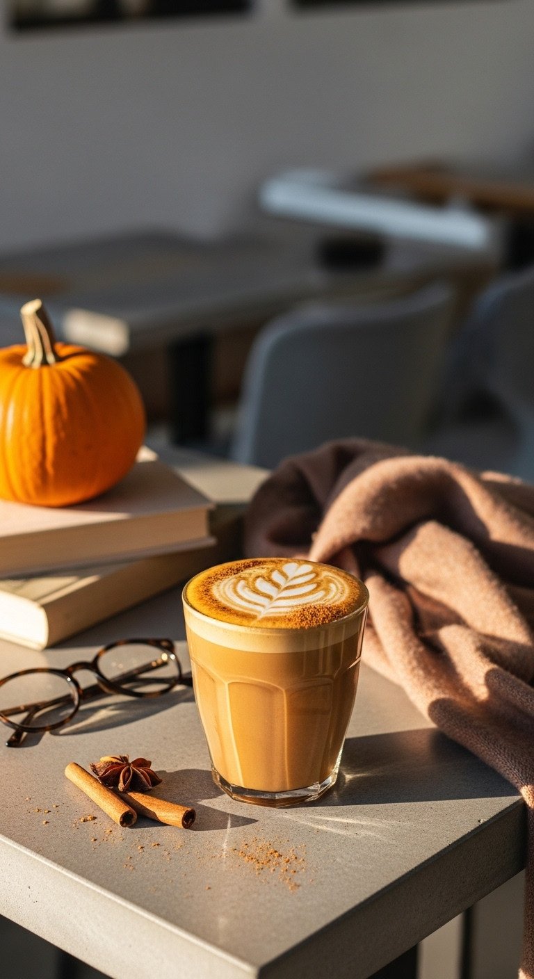 Custom 7 Brew Pumpkin Chai Latte in a reusable travel mug with latte art on a concrete counter, fall books nearby.