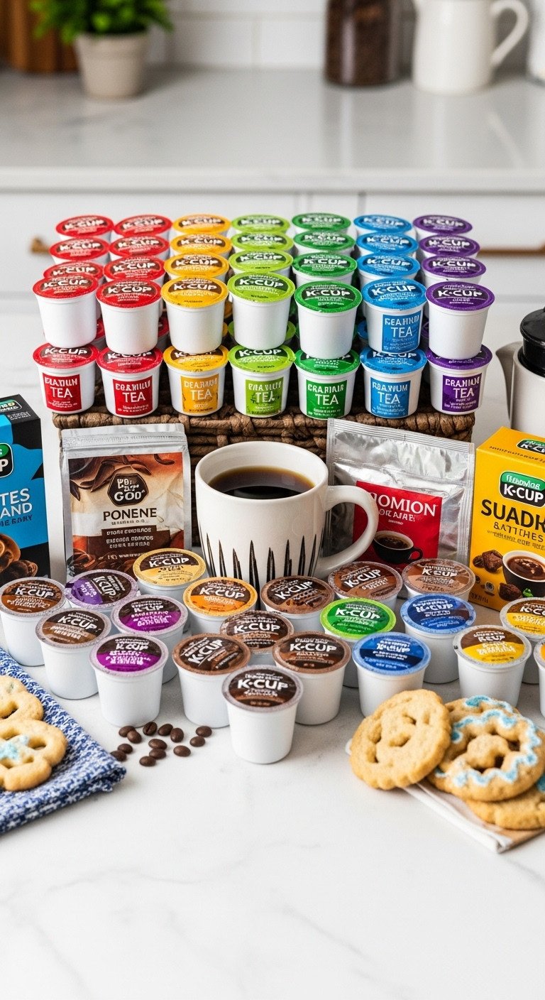Customized K-Cup gift basket overflowing with diverse colorful K-Cup pods and a stylish modern mug