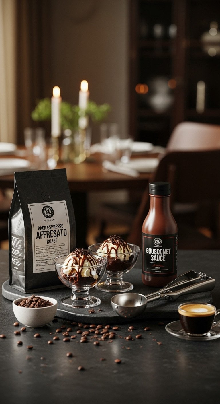 DIY Affogato dessert gift kit with espresso beans dessert bowls chocolate sauce and ice cream scoop on a dark stone surface