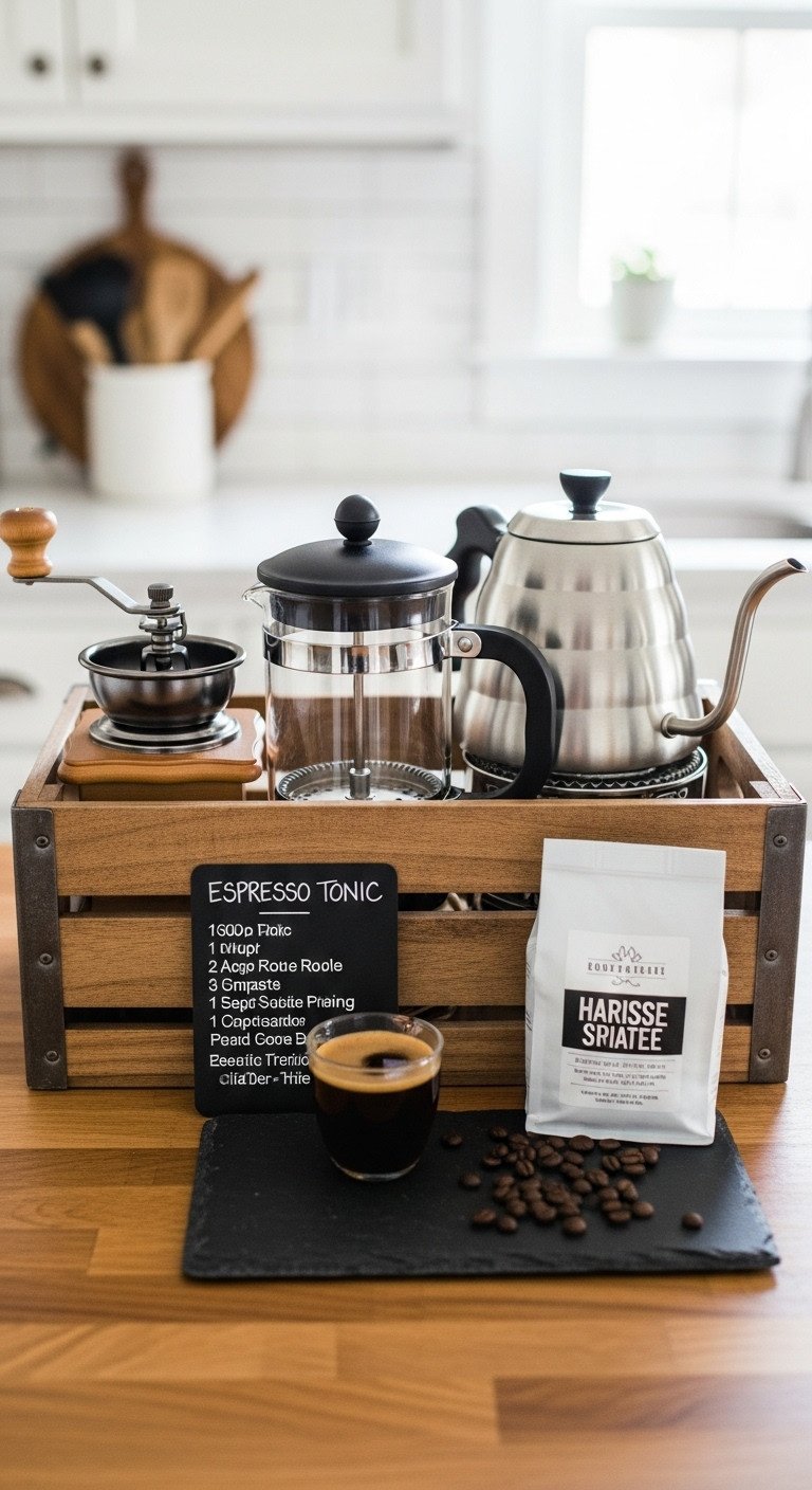 DIY Barista Basket with manual burr grinder French press whole coffee beans and gooseneck kettle in a wooden crate on a butcher block countertop