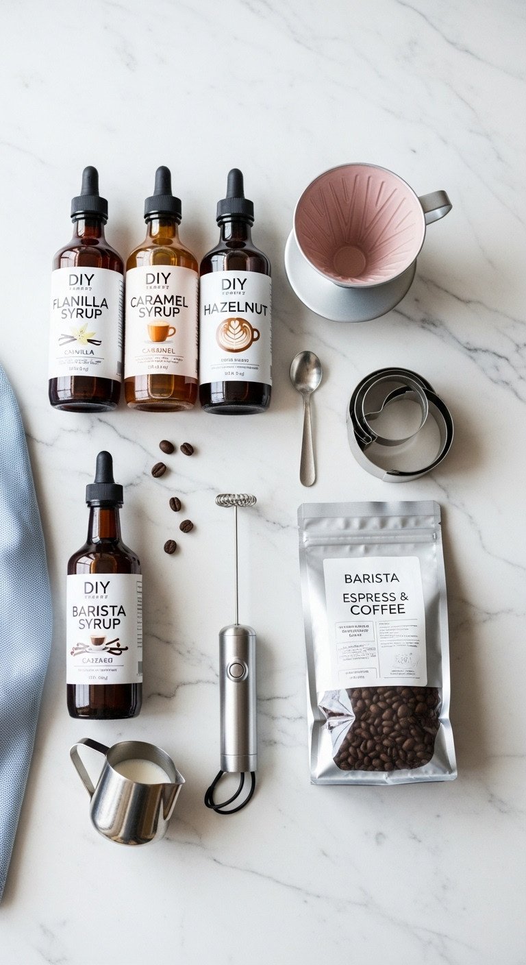 DIY Barista gift basket with flavored coffee syrups milk frother latte art stencils pour-over cone and espresso beans