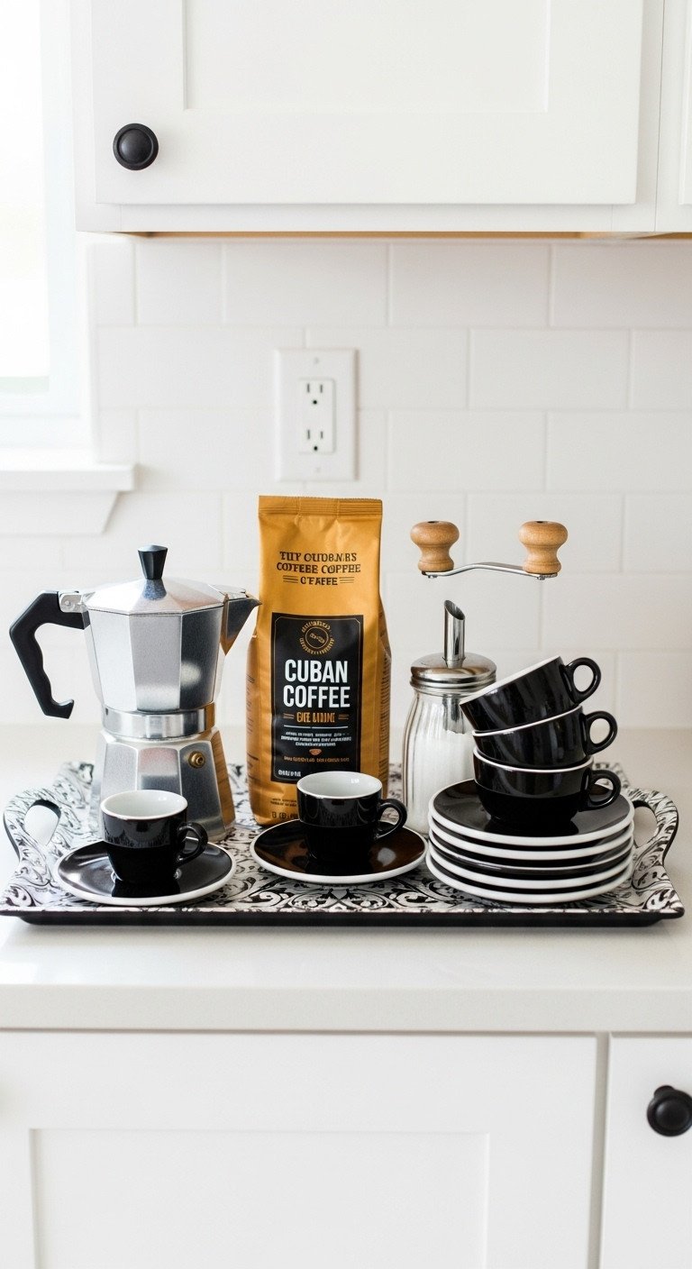 DIY Cuban coffee bar gift basket with Moka pot whole beans hand grinder sugar dispenser espresso cups and saucers