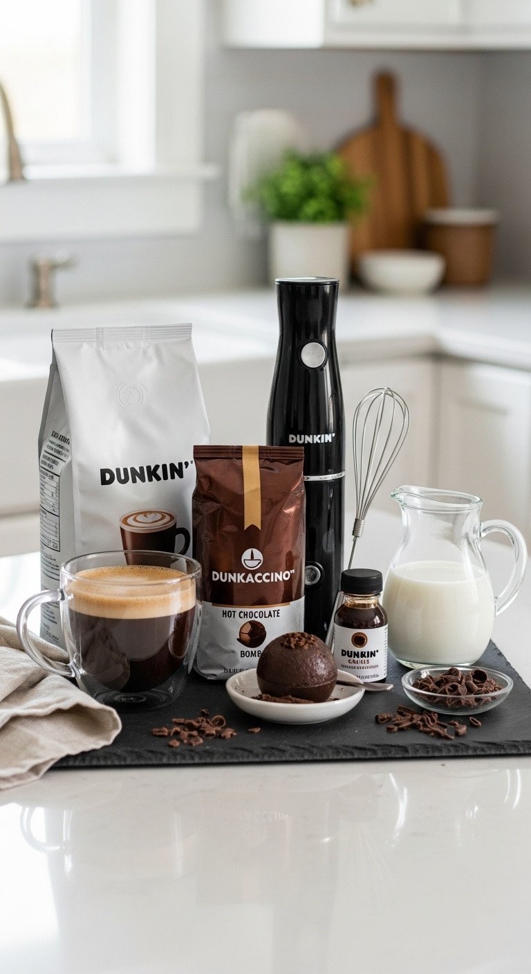 DIY Dunkaccino experience gift kit with Dunkin coffee hot chocolate bomb milk frother and chocolate syrup on tray