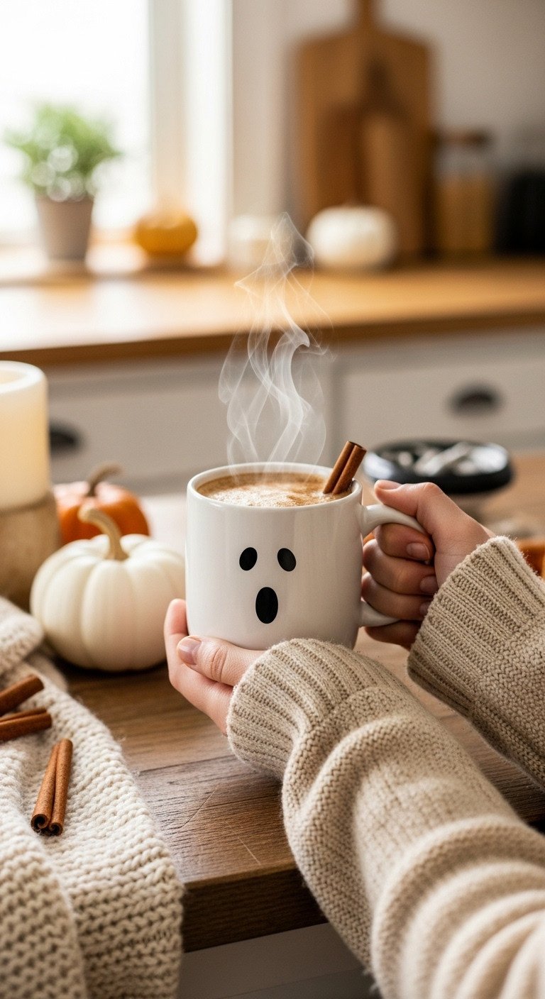 DIY Ghost Mug with minimalist ghost face, steaming coffee, cozy sweater, and fall decor on rustic wooden table