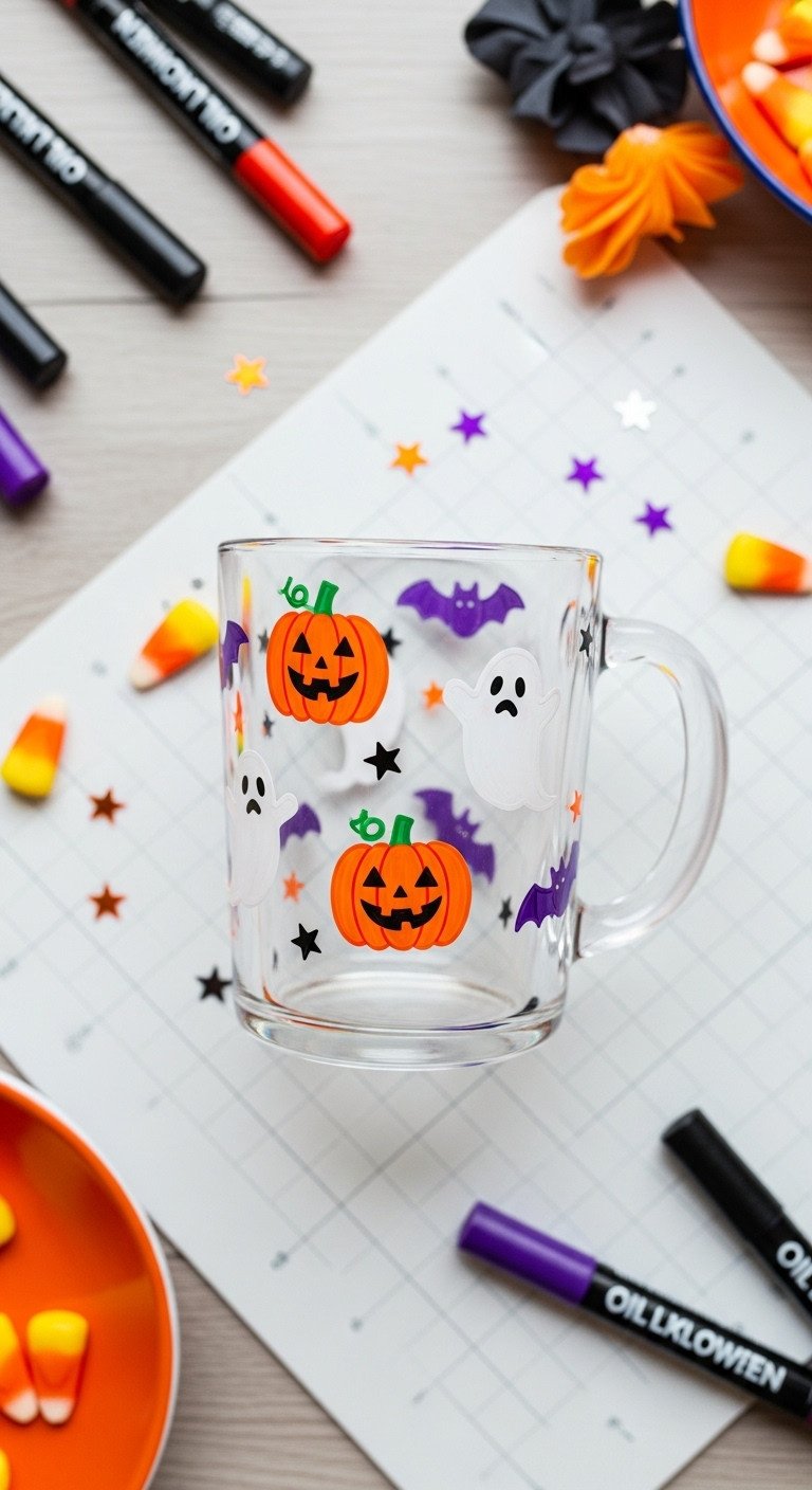 DIY Halloween Paint Marker Mug with pumpkins, ghosts, and bats on clear glass with markers and candy corn