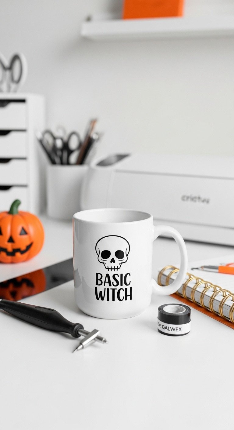 DIY Halloween Vinyl Decal Mug with skeleton face on glossy white ceramic mug with Cricut machine in background