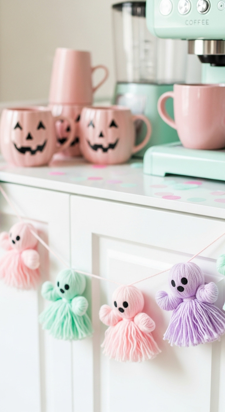 DIY Halloween coffee bar Pink-o-ween pastel ghost garland draped over a white coffee cart with pink mugs and confetti