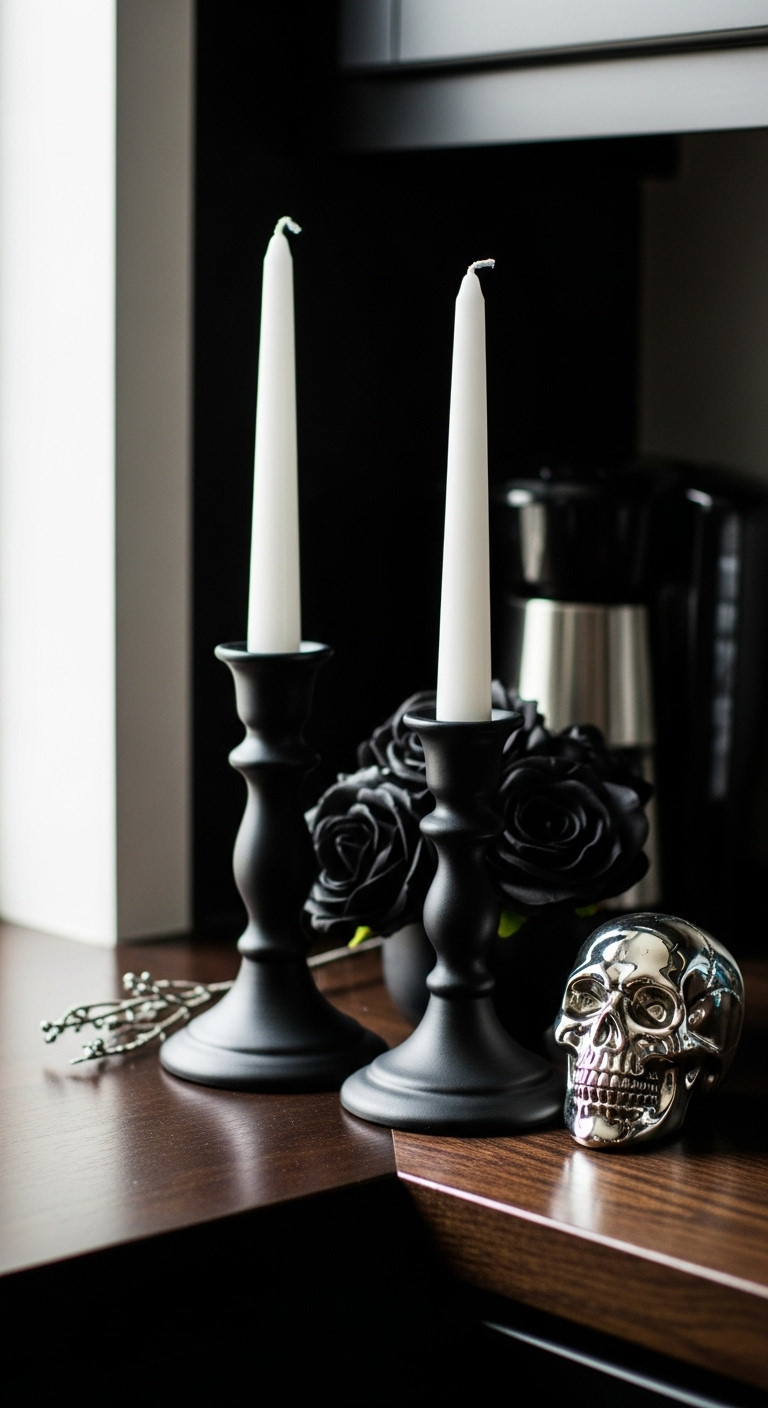 DIY Halloween coffee bar gothic black candle holders with white taper candles silver skull figurine and faux black roses on dark wood
