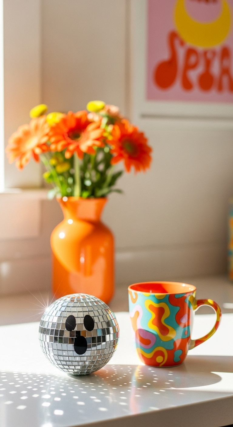 DIY Halloween coffee bar groovy ghost disco ball accent next to a colorful mug with bright flowers and retro art print