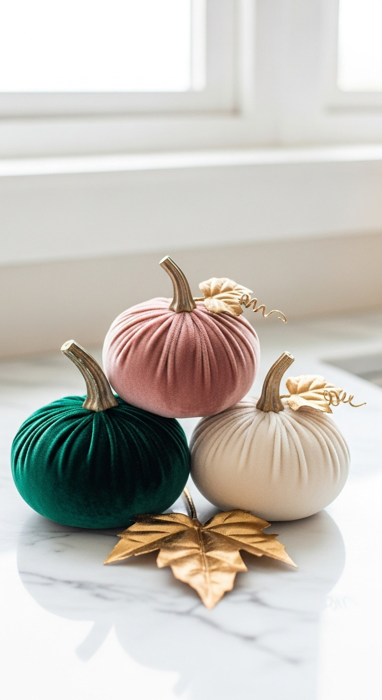 DIY Halloween coffee bar no carve chic velvet pumpkins in emerald green dusty rose cream with gold leaf on marble countertop