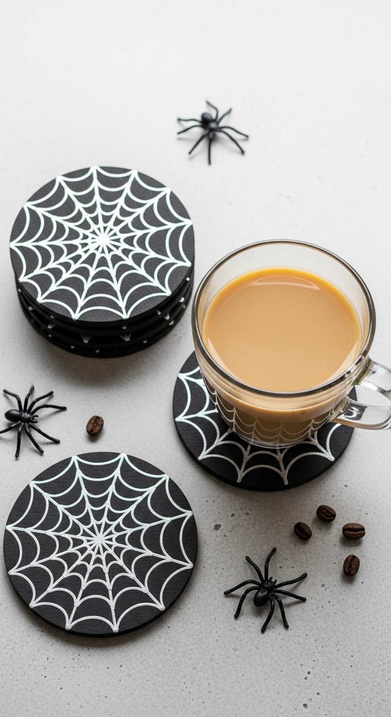 DIY Halloween coffee bar spooky spiderweb coasters with metallic silver design a glass mug plastic spiders and coffee beans