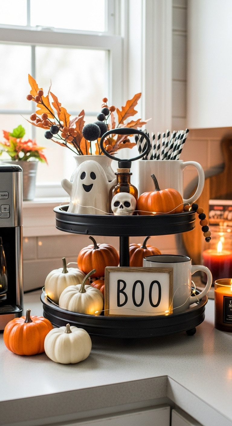 DIY Halloween coffee bar spooky tiered tray centerpiece with mini pumpkins BOO sign ghost figurine skull bottle and striped straws
