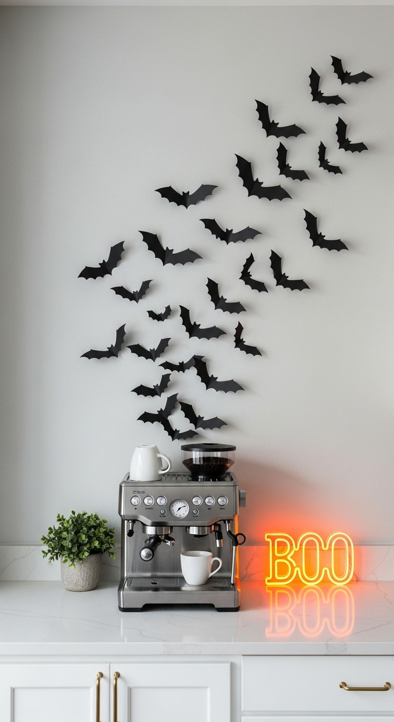 DIY Halloween coffee bar with a colony of 3D black paper bats flying from behind a coffee machine and a neon orange BOO sign