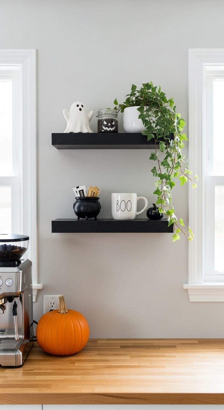 DIY Halloween coffee bar with ghostly floating shelves decorated with ceramic ghost mug cauldron ivy and orange pumpkin