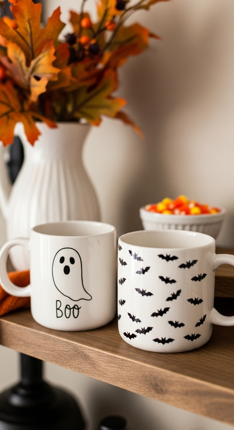 DIY Halloween coffee bar with hand painted custom mugs a ghost face Boo bats on a rustic wooden shelf with fall foliage and candy corn