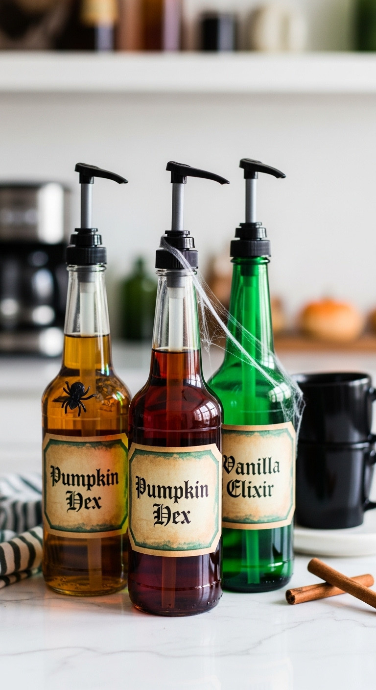 DIY Halloween coffee bar with potion bottle syrup dispensers labeled Pumpkin Hex Vanilla Elixir with spiderweb and cinnamon sticks