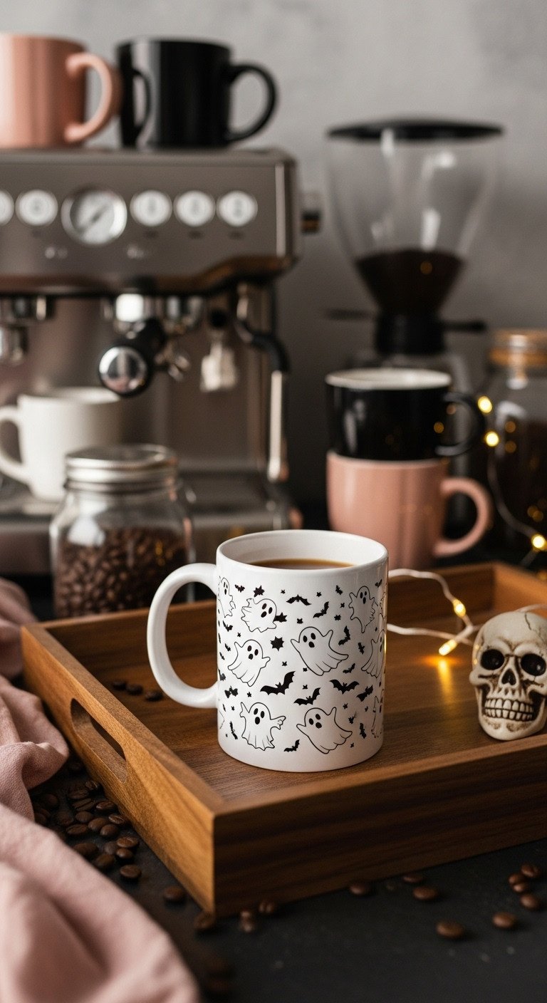 DIY Infusible Ink Halloween Mug with ghosts and bats design on a dark wood tray with a coffee bar background