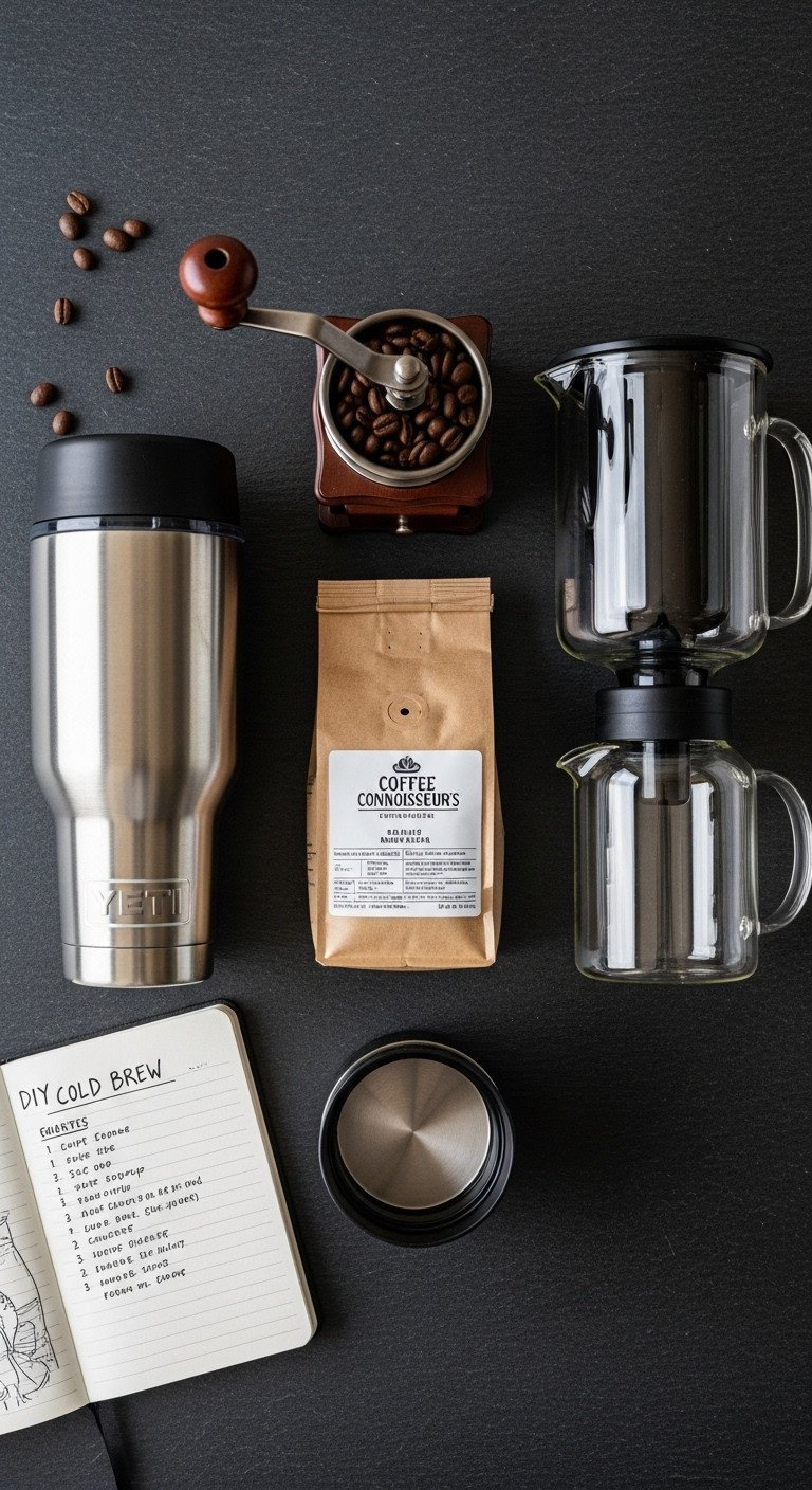 DIY coffee connoisseur Yeti collection with tumbler burr grinder espresso beans and cold brew maker on slate