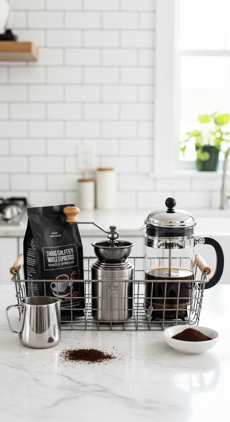 DIY coffee lover's kit housewarming gift basket with espresso beans manual grinder and French press in a wire basket