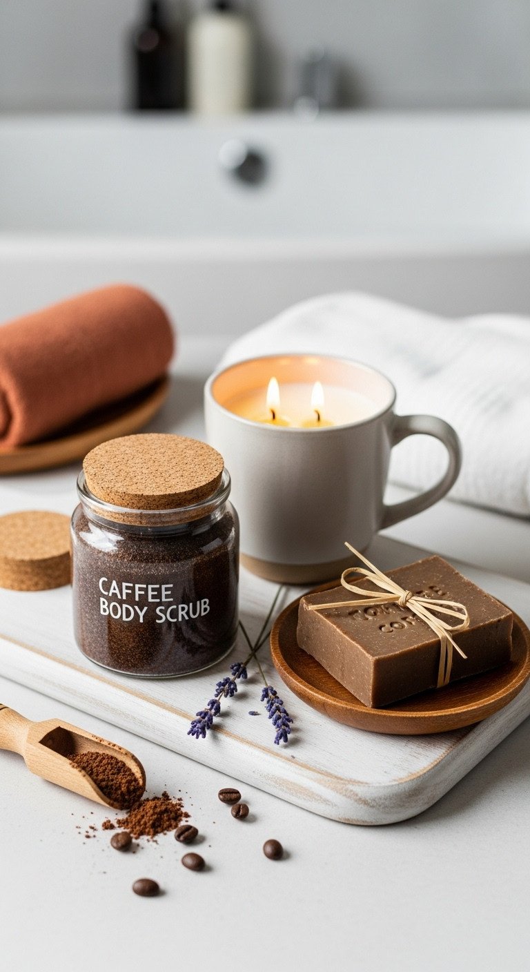 DIY coffee spa gift basket with body scrub candle and soap on a white wooden board in a blurred bathroom setting