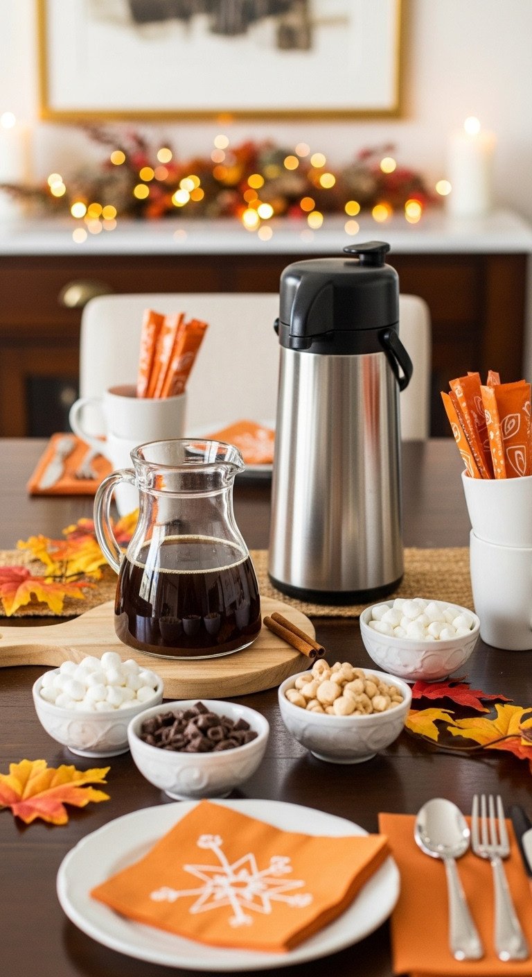 13 Cozy Pumpkin Coffee Aesthetic Ideas for Fall Vibes 25 DIY coffee station for guests with carafe toppings mini marshmallows chocolate shavings fall napkins and mugs on a dining table