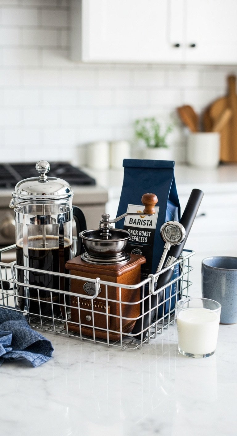 DIY home barista gift basket with French press burr grinder espresso beans and frothing wand on marble counter