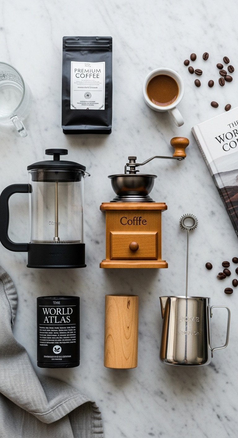 DIY home barista kit birthday coffee gift basket with French press manual grinder milk frother espresso beans and guidebook