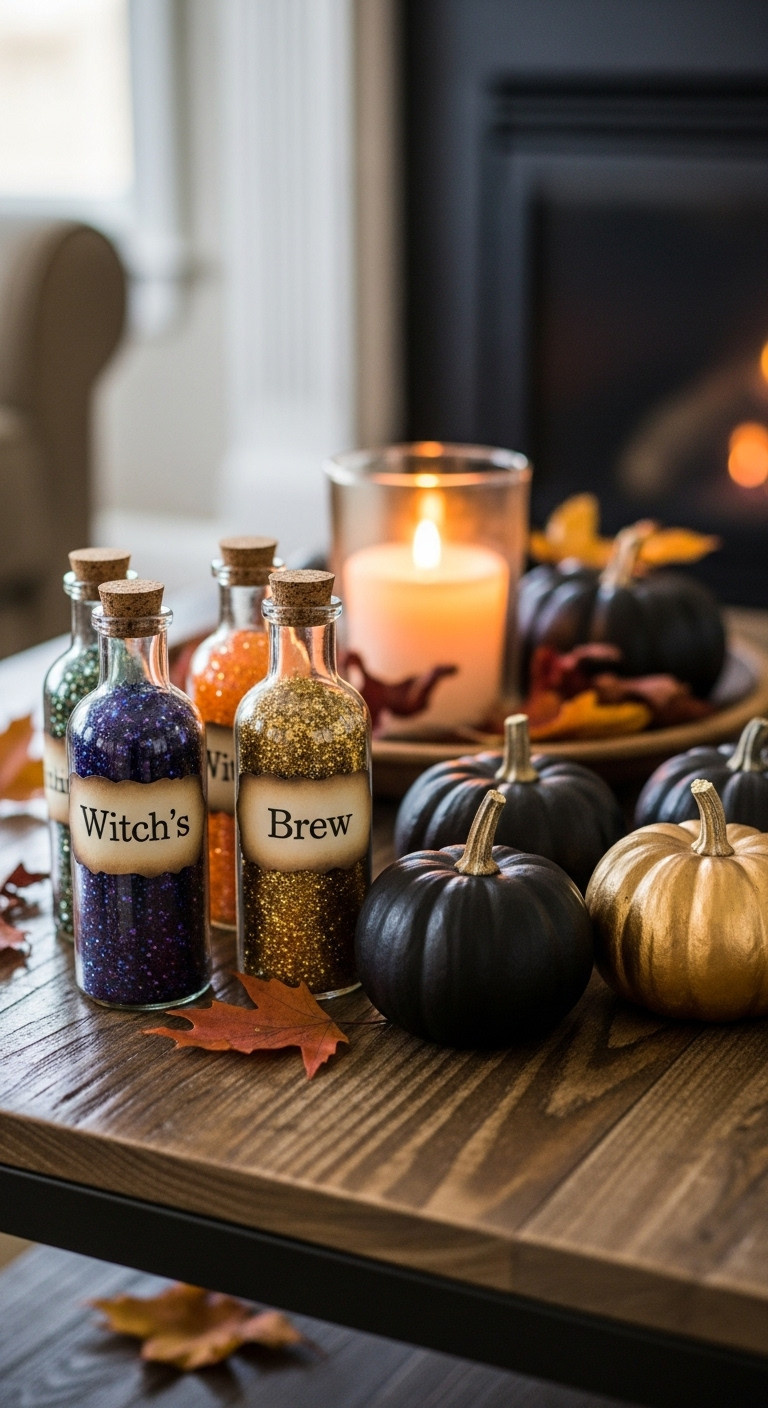 DIY potion bottles and matte black and gold pumpkins on a reclaimed wood coffee table for spooky chic Halloween decor