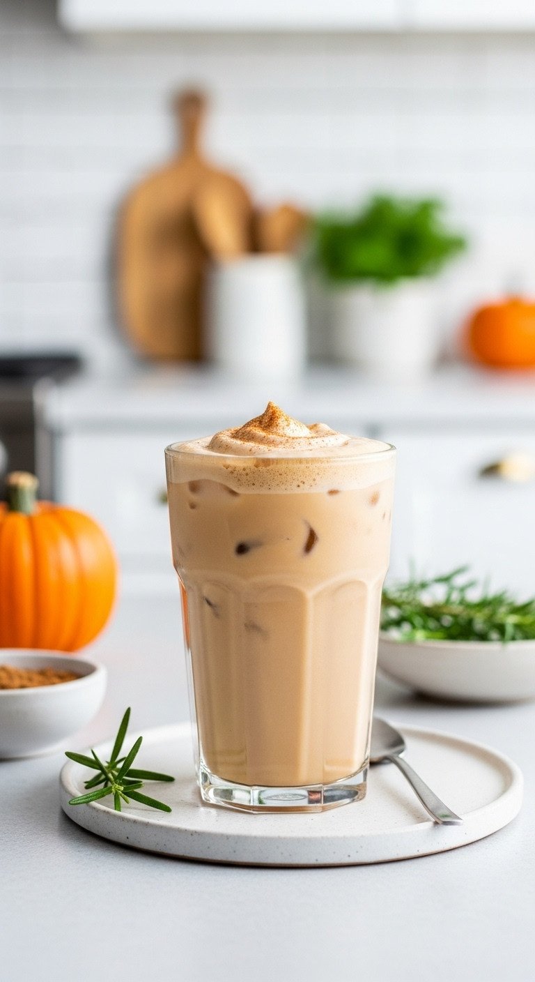Dairy-Free Iced Pumpkin drink: non-dairy foam, cinnamon. Clear glass, light ceramic, minimalist kitchen. Healthy fall custom.