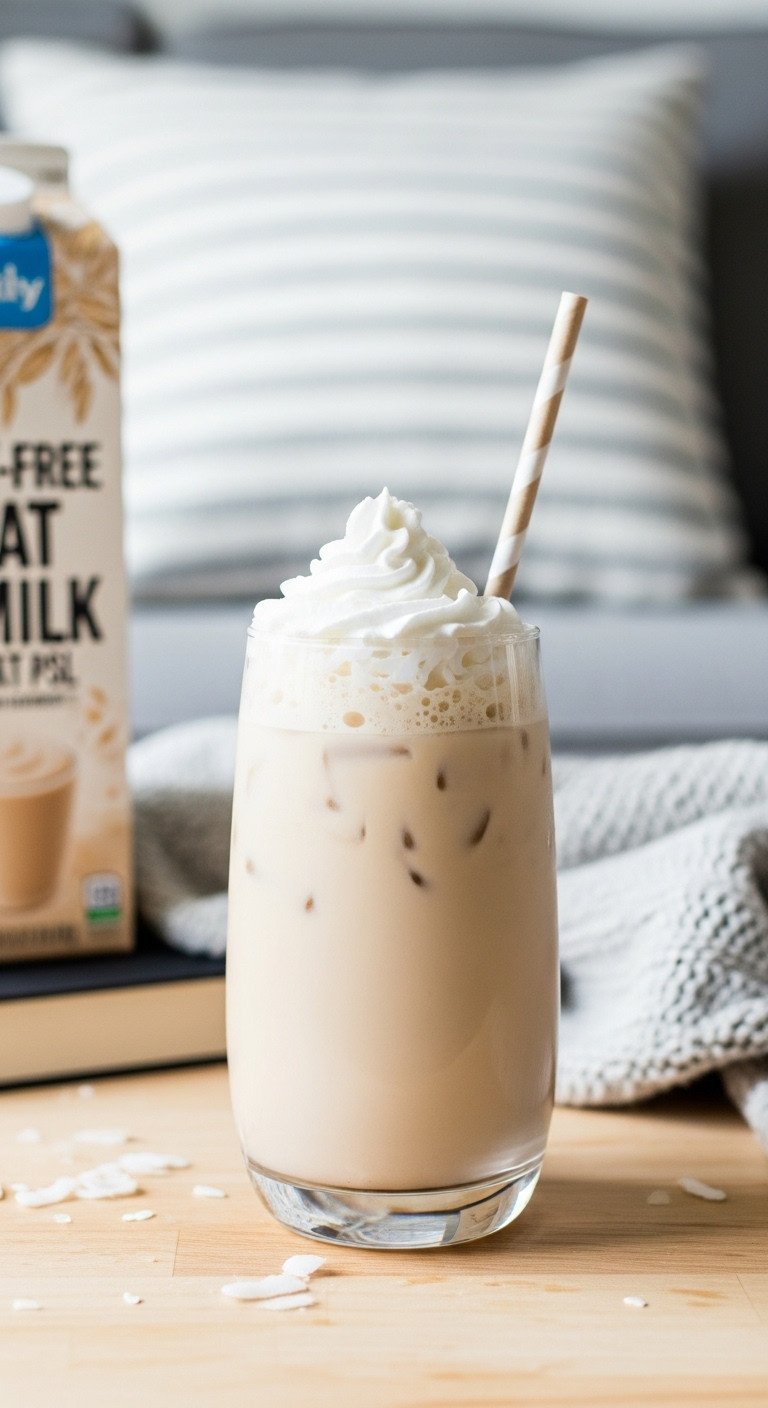 7 Easy Iced Coffee Recipe Pumpkin Spice Copycats to Try Now 7 Dairy Free Oat Milk Iced PSL in a minimalist glass topped with coconut whipped cream oat milk carton knit blanket and book