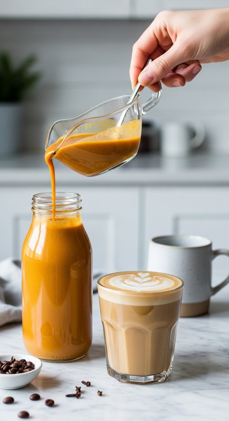 Perfect Pumpkin Coffee Sauce Recipe Easy Customizable 3 Dairy-free pumpkin coffee sauce in a bottle, next to an oat milk latte with coffee beans on marble. Clean, healthy vegan autumn drink.