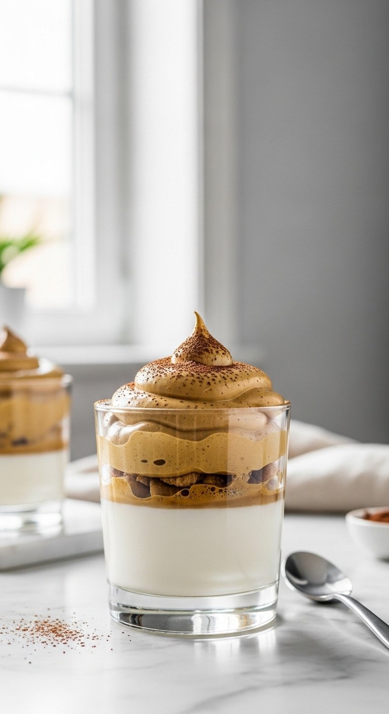 11 Effortless Cold Coffee Dessert Recipes To Make Today 3 Dalgona coffee pudding in clear glass: creamy white base, fluffy whipped coffee foam, cocoa, sleek spoon on white marble, bright daylight.