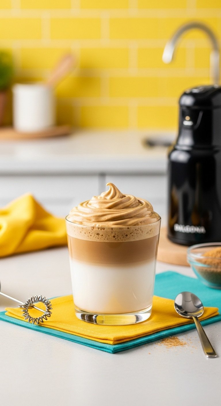 The Perfect Iced Coffee Recipe That Never Gets Watery 9 Dalgona whipped coffee with icy milk and thick foam in glass, frother, sugar bowl on colorful placemat.